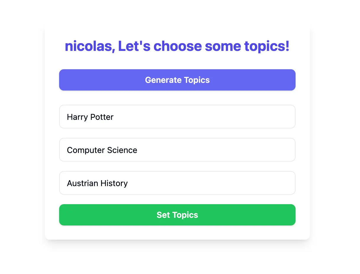 Screenshot of the LLM quiz game